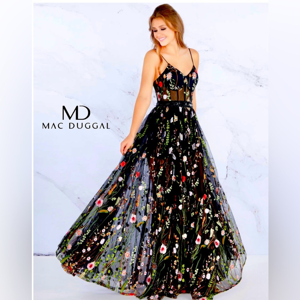 Mac Duggal Black Dress with Floral Embroidery